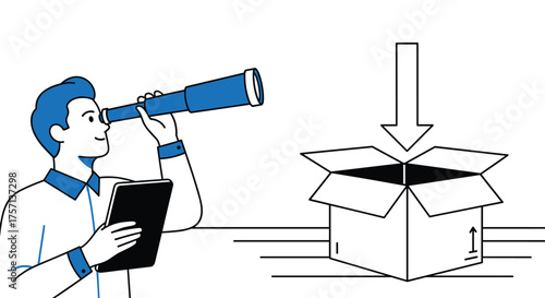 Man with Telescope and Tablet Monitoring Delivery Package in Modern Minimalist Illustration Style, Demonstrating Supply Chain Tracking and Logistics Oversight, Suitable for Business Marketing and Pres