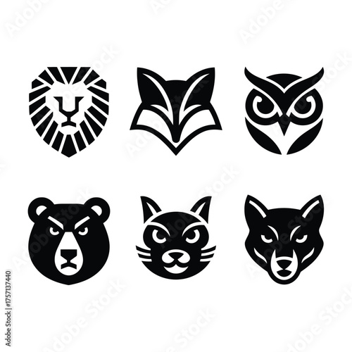 Set of six distinct animal face vector illustrations for graphic design projects scalable eps icons silhouette White background