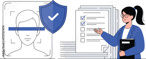 Data Privacy Compliance Review by Professional Woman: Ensuring Identity Verification and Document Security in Modern Technology Settings, Perfect for Business, Finance and Corporate Presentations, Usi
