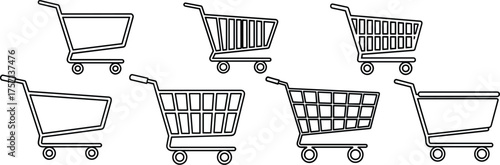 Shopping Carts: Online Retail, E-commerce Solutions in a Digital Marketplace, Store Supply Line Icons with Simple Designs for Internet Sales, Marketing, Website Graphics in Monochrome Style, Trolleys