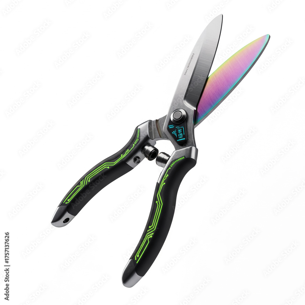 Obraz premium Chroma-Blade Precision: High-Tech Pruning Shears with Iridescent Titanium Finish