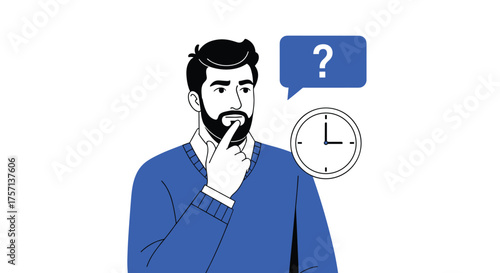 Contemplative Man Pondering Time Management Dilemma in Minimalist Setting, Reflecting on Schedule Planning for Increased Productivity and Efficiency in Business Strategy, Depicted in Modern Flat Vecto
