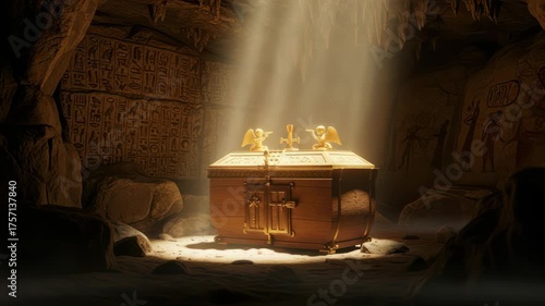Ancient Egyptian Ark of the Covenant in a Hidden Cave with Hieroglyphs and Golden Light