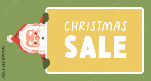 Christmas holiday sale banner design, Santa Claus peeking, peeping out from behind promotion card, frame. Winter seasonal discount, marketing offer, advertising background. Flat vector illustration