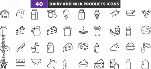 Dairy and Milk Products Icons Set, Cheese Yogurt and Farm Line Vector Collection