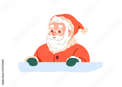 Santa Claus peeking, peeping out from behind snow, looking for seasonal winter holiday. Happy merry Christmas and New Year festive character. Flat vector illustration isolated on white background