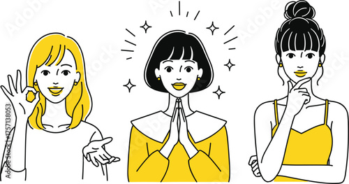 Diverse Group of Young Women Expressing Optimism and Thoughtfulness in a Modern Presentation Illustration, Showcasing Positive Communication, Business Strategy, and Team Collaboration in a Minimalist