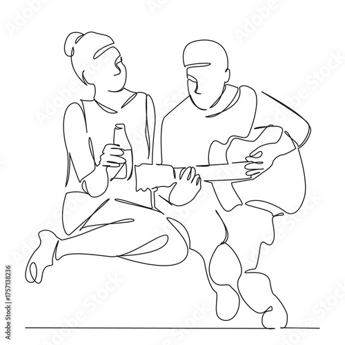 Wallpaper Mural One continuous single drawing line art flat doodle friends, guitar, beer, man, woman, girl, together, bottle, drink, group. Isolated image hand draw contour on a white background, hand drawn, not AI Torontodigital.ca
