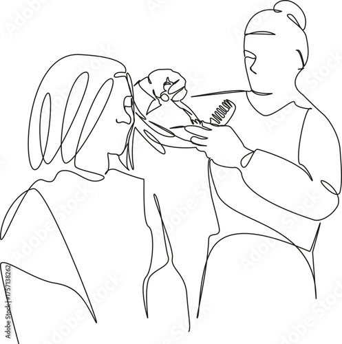 One continuous single drawing line art flat doodle hairdresser, client, coiffure, woman, haircut, hair, beauty, cut, hair care. Isolated image hand draw contour on a white background, hand drawn, not 