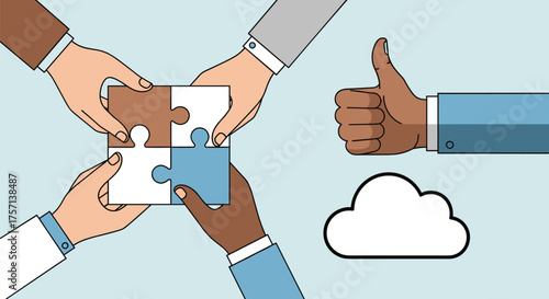 Collaborative Team Assembling Puzzle Pieces Illustrating Problem Solving and Strategic Planning in Modern Business Environment, Symbolizing Teamwork, Unity, Partnership, and Success with Thumbs Up App
