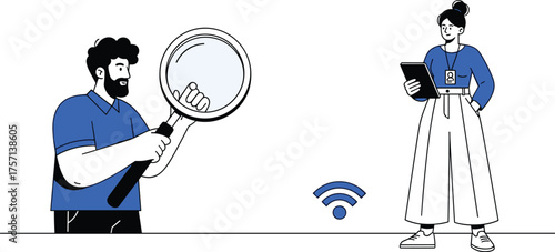 Man with Magnifying Glass Inspecting Network Connection, Woman Using Tablet for Data Analysis in a Modern Tech Startup Environment, Illustrating Connectivity and Digital Research for Business Solution