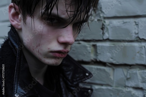 Portrait of a serious young man with wet hair, scars, and a black leather jacket standing against a brick wall