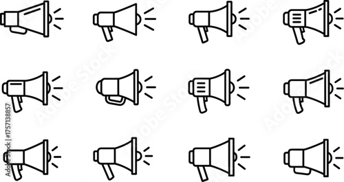 Megaphone Communication Icons: Loudspeaker Announcement Symbols for Marketing, Public Relations, and Protest, Amplifying Messages in Business, Politics, Advertising, Modern Line Art for Presentations