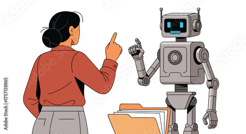 Woman Directing Robot Colleague in Modern Office Environment with Documents, Illustrating Human-AI Collaboration, Technology Integration in Business Automation, Future Workplace, Artificial Intelligen