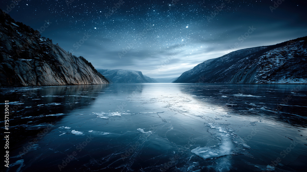 Naklejka premium Stunning Arctic landscape under a starry night sky with icy waters and towering cliffs