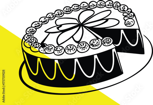 A detailed drawing of a decorated cake with a missing slice silhouette
