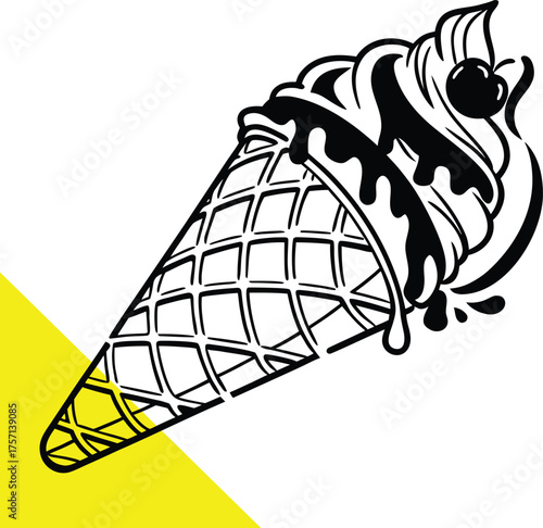 Delicious ice cream cone with dripping chocolate a striking silhouette
