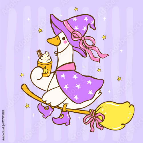 Cute Silly Goose Witch Halloween Seamless Pattern  Wallpaper Hand Drawn Repeat Background