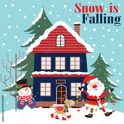 Christmas card with santa, snowman, reindeer and house