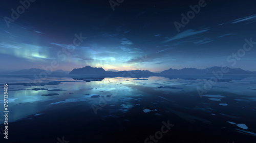 Mysterious Arctic twilight reflecting on icy waters in a serene winter landscape
