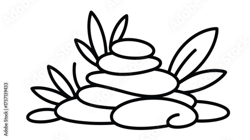 A simple black and white outline drawing of stacked stones with leaves surrounding the stone stack