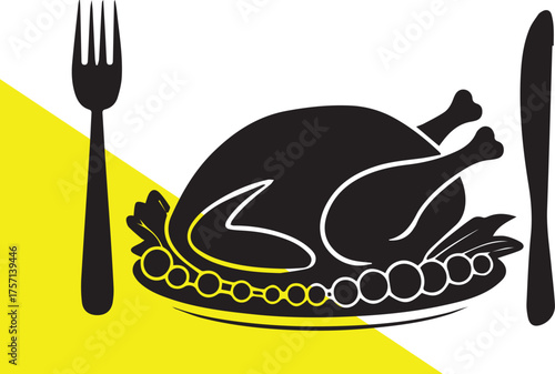 Festive dinner setting with roasted turkey and cutlery black silhouette