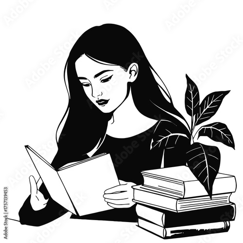 Minimalist vector illustration of a young woman deeply absorbed in reading a book silhouette White background