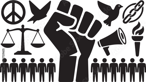 Fist, scales, peace, doves, torch, megaphone, people