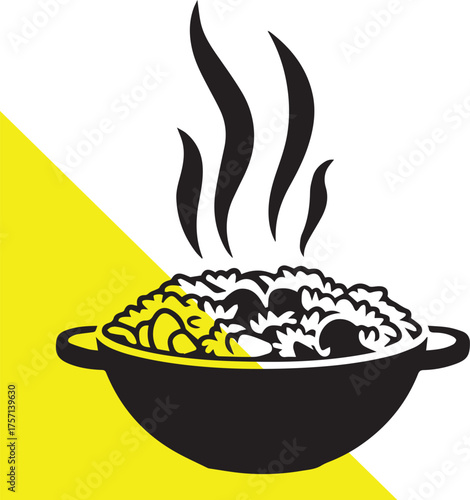 A steaming bowl of food detailed texture and shape black silhouette