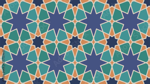 Geometric pattern with teal and orange shapes forming stars on a dark blue background design layout