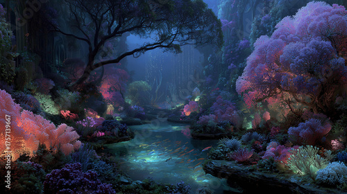 Vibrant underwater coral reef in an enchanting fantasy world. Beautiful landscape