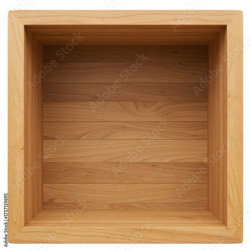 Empty natural wood cube frame with horizontal plank interior, perfect for product display or creative staging