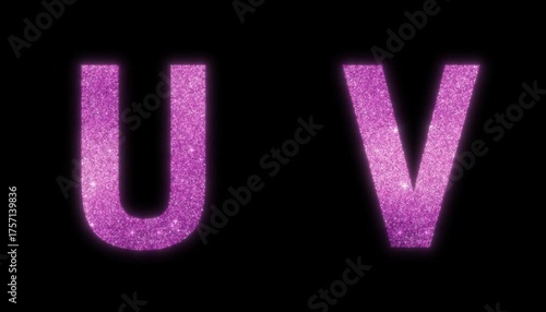 Pink glitter alphabets U and V with alpha channel transparent background, shiny sparkling shimmer glowing letters