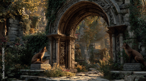 Magic encounter at a forgotten fox sanctuary in a mystical forest setting