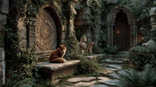 Foxes explore a magical sanctuary filled with lush greenery and ancient stone structures