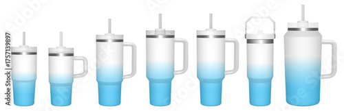 Thermo cup with handle and straw. 14, 30, 40, 64 oz. Travel thermos. Set of white and blue gradient mugs. Tumbler or quencher