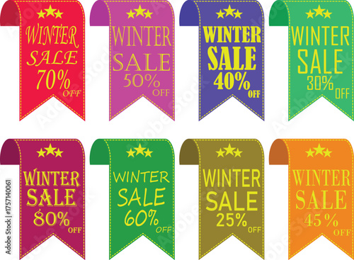 Winter Sale Banner Icon set. Winter sale vector poster design with sale text. Vector illustration. Hanging tag for design of flyers with discount offers and special seasonal retail promotion.