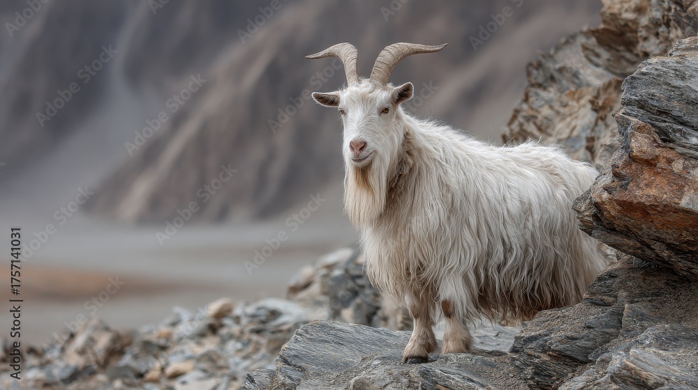 Fototapeta premium Cashmere Goat Grazing on the Rocks in Nepal and Ladakh