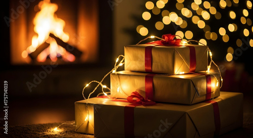 A detailed shot of a string of classic Christmas lights, with a realistic bokeh effect in the background