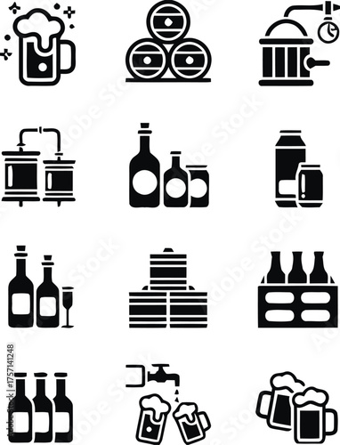 beer, mug, foam, bubbles, keg, barrel, brewery, still, distillation, equipment, bottle, jar, can, beverage, drink, wine, glass, six pack, carrier, tap, pouring, collection, icon, symbol, graphic, illu