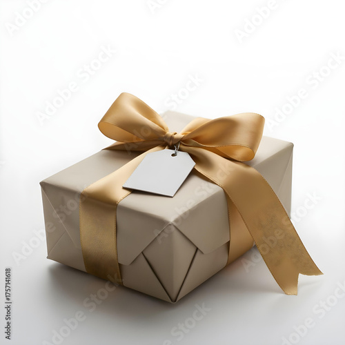 A professional photo of a beautifully wrapped Christmas gift with a perfect bow and a tag