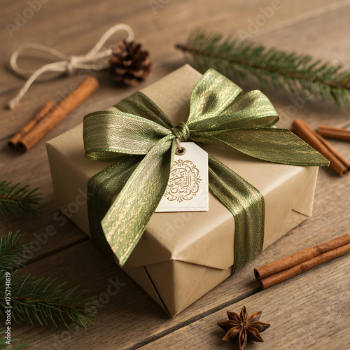 A professional photo of a beautifully wrapped Christmas gift with a perfect bow and a tag