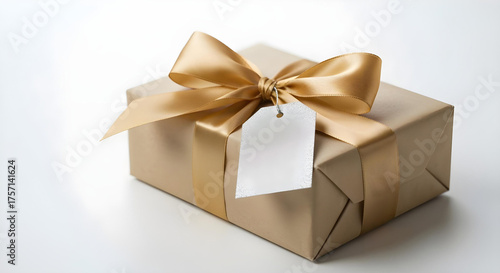A professional photo of a beautifully wrapped Christmas gift with a perfect bow and a tag