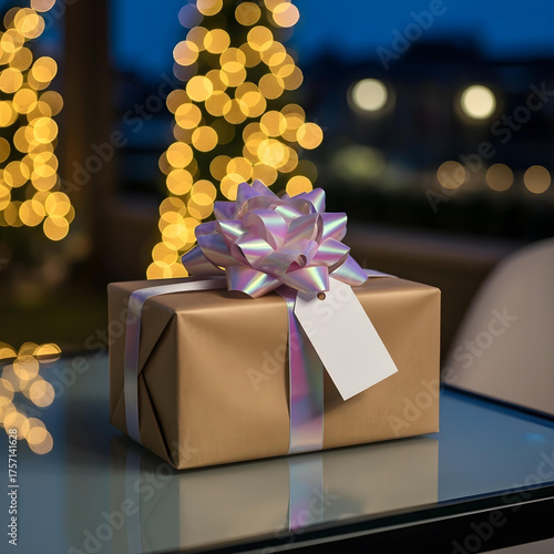 A professional photo of a beautifully wrapped Christmas gift with a perfect bow and a tag