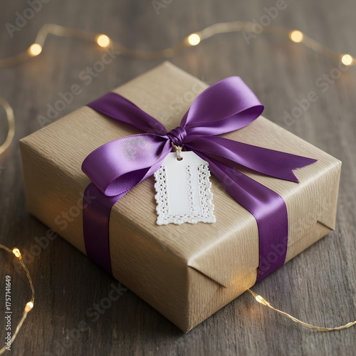 A professional photo of a beautifully wrapped Christmas gift with a perfect bow and a tag
