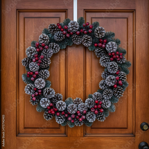 A realistic photo of a Christmas wreath with pine cones and red berries, hung on a rustic wooden door