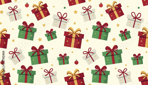 Colorful gift boxes with ribbons on seamless pattern for packaging  