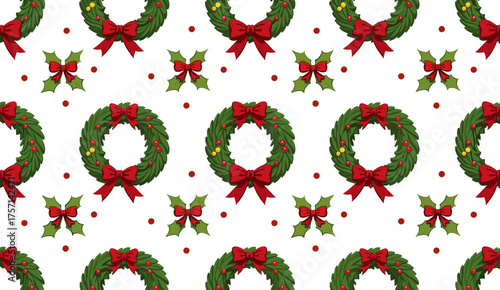 New Year seamless pattern featuring festive wreaths and holly  