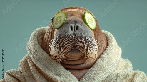 Walrus Relaxing With Cucumber Slices on Eyes Wrapped in a Cozy Towel Generative AI