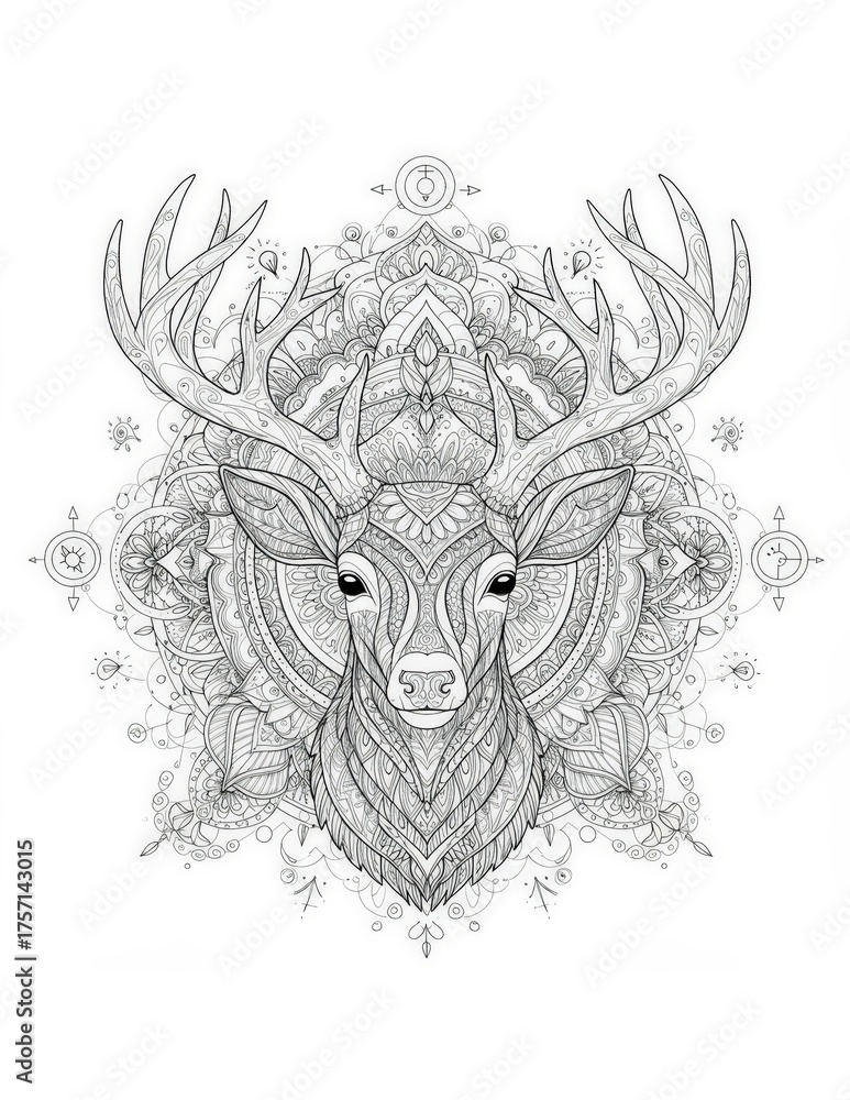 Fototapeta premium Intricate Deer Portrait with Ornamental Antlers and Mandala-Inspired Background, Black and White